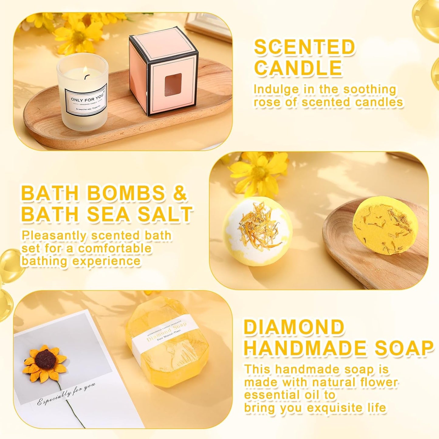 13 Pcs Christmas SPA Gifts for Women Birthday Gift SPA Gift Basket Set Gift Basket for Women Mirrors Socks Steamers Jewelry Case Bath Robe for Mom Girlfriend Wife(Yellow,Sunflower)