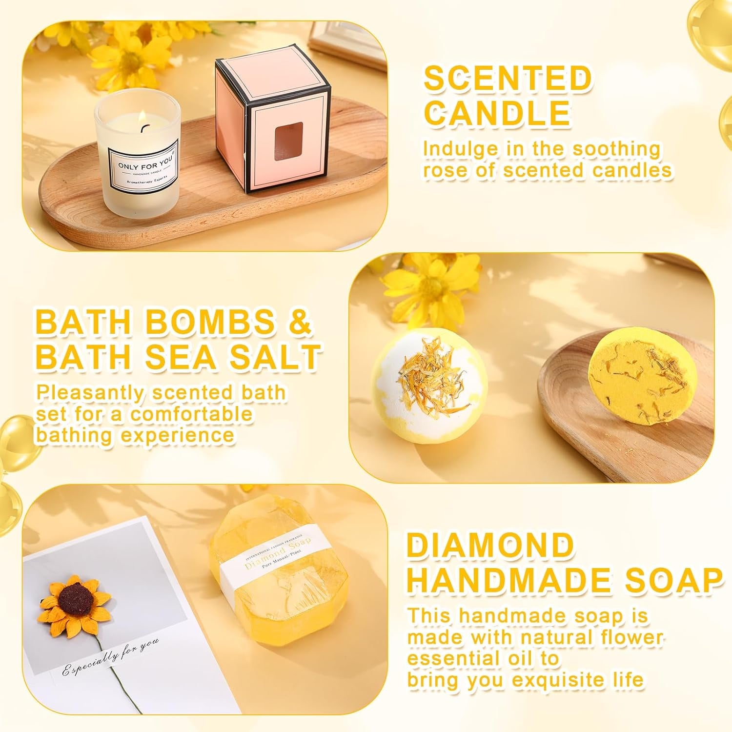 13 Pcs Christmas SPA Gifts for Women Birthday Gift SPA Gift Basket Set Gift Basket for Women Mirrors Socks Steamers Jewelry Case Bath Robe for Mom Girlfriend Wife(Yellow,Sunflower)