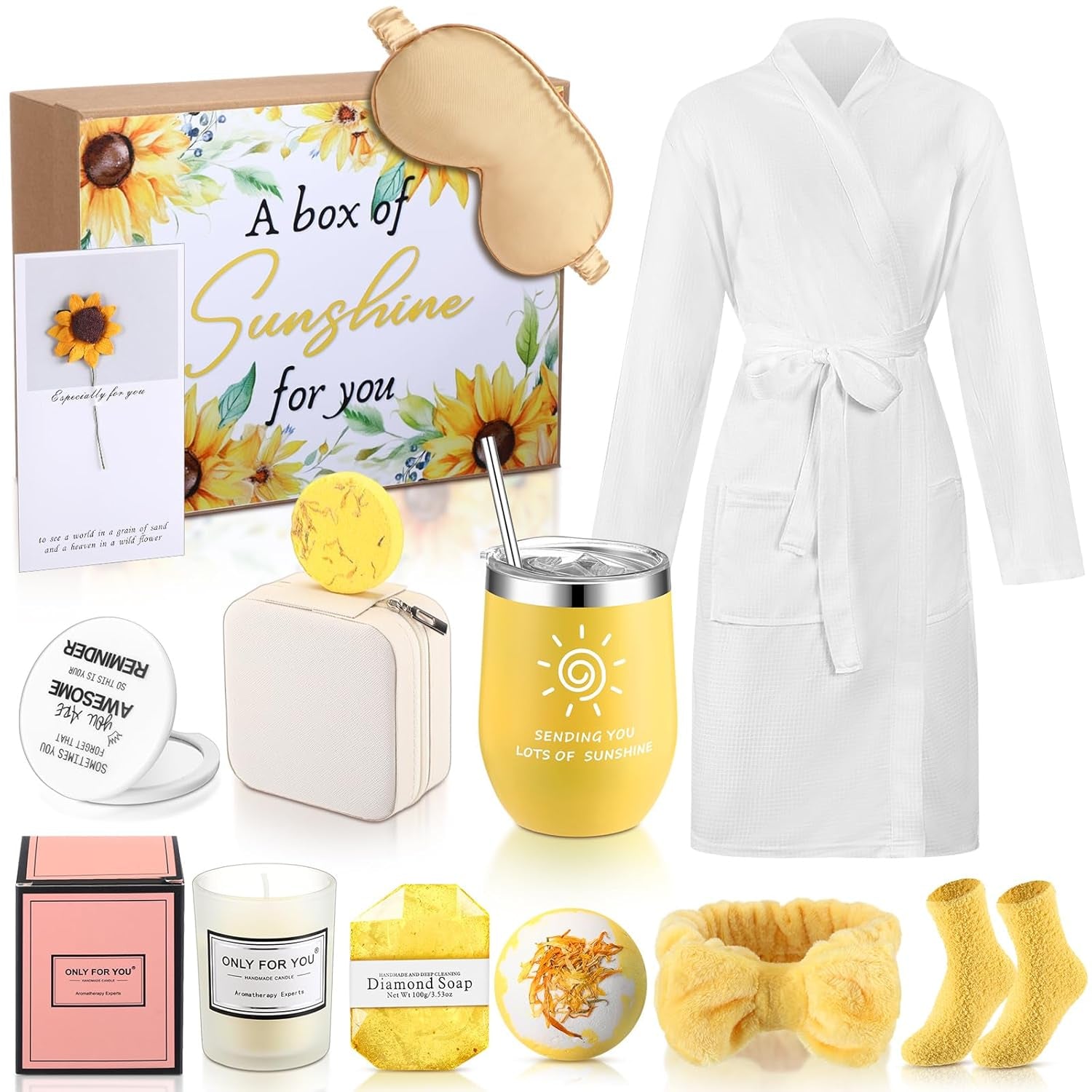 13 Pcs Christmas SPA Gifts for Women Birthday Gift SPA Gift Basket Set Gift Basket for Women Mirrors Socks Steamers Jewelry Case Bath Robe for Mom Girlfriend Wife(Yellow,Sunflower)