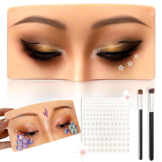 Makeup Practice Face, Silicone Makeup Practice Board, Makeup Mannequin Face with 165Pcs Pearl Stickers and Makeup Brushes, Suitable for Makeup Artists and Beginners to Practice Eye Face Makeup (Wheat)