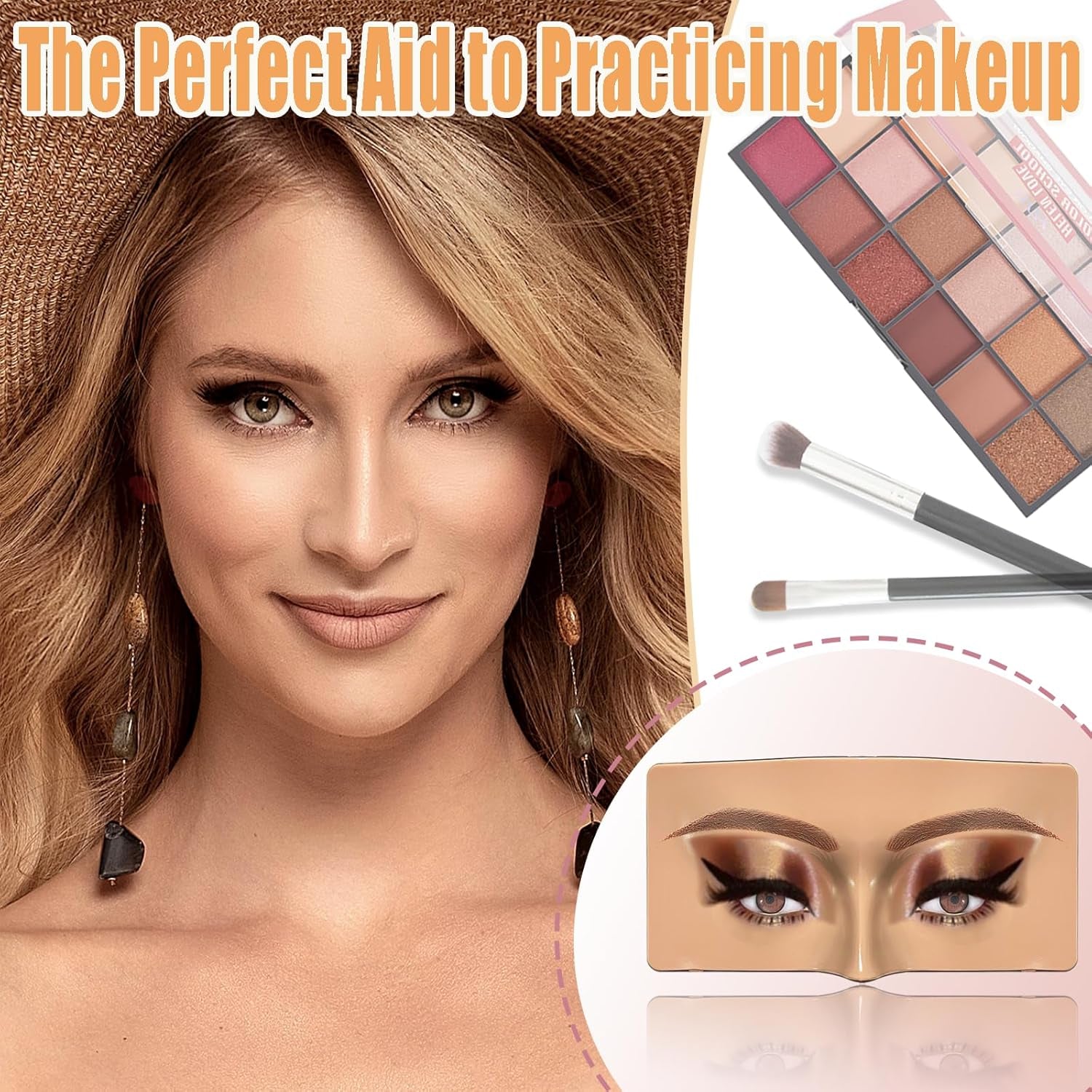 Makeup Practice Face, Silicone Makeup Practice Board, Makeup Mannequin Face with 165Pcs Pearl Stickers and Makeup Brushes, Suitable for Makeup Artists and Beginners to Practice Eye Face Makeup (Wheat)