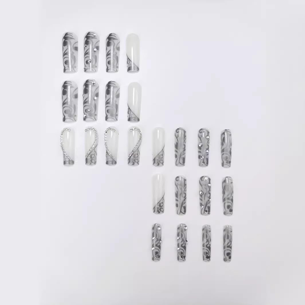 Press on Nails Long Square Fake Nails Silver French False Tip with Rhinestones Charms Design Glue on Nails 3D Heart Stick on Nails Elegant Glitter Glossy Acrylic Nails for Women Manicure 24Pcs