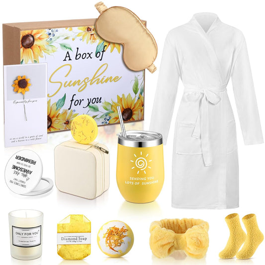 13 Pcs Christmas SPA Gifts for Women Birthday Gift SPA Gift Basket Set Gift Basket for Women Mirrors Socks Steamers Jewelry Case Bath Robe for Mom Girlfriend Wife(Yellow,Sunflower)