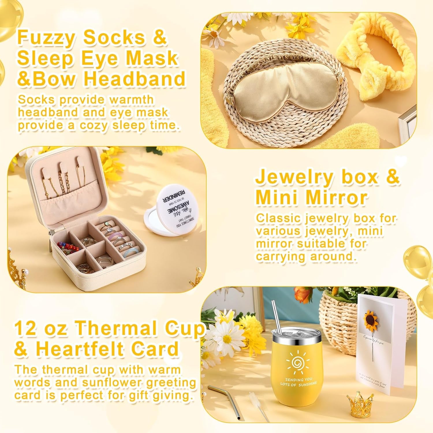 13 Pcs Christmas SPA Gifts for Women Birthday Gift SPA Gift Basket Set Gift Basket for Women Mirrors Socks Steamers Jewelry Case Bath Robe for Mom Girlfriend Wife(Yellow,Sunflower)