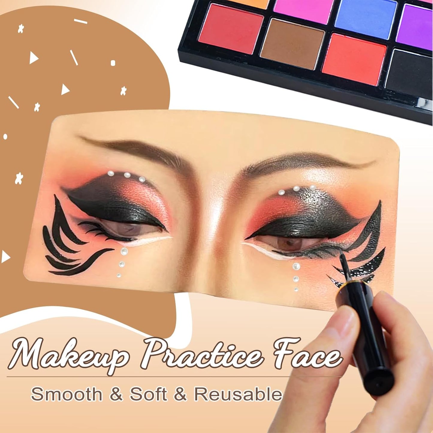 Makeup Practice Face, Silicone Makeup Practice Board, Makeup Mannequin Face with 165Pcs Pearl Stickers and Makeup Brushes, Suitable for Makeup Artists and Beginners to Practice Eye Face Makeup (Wheat)