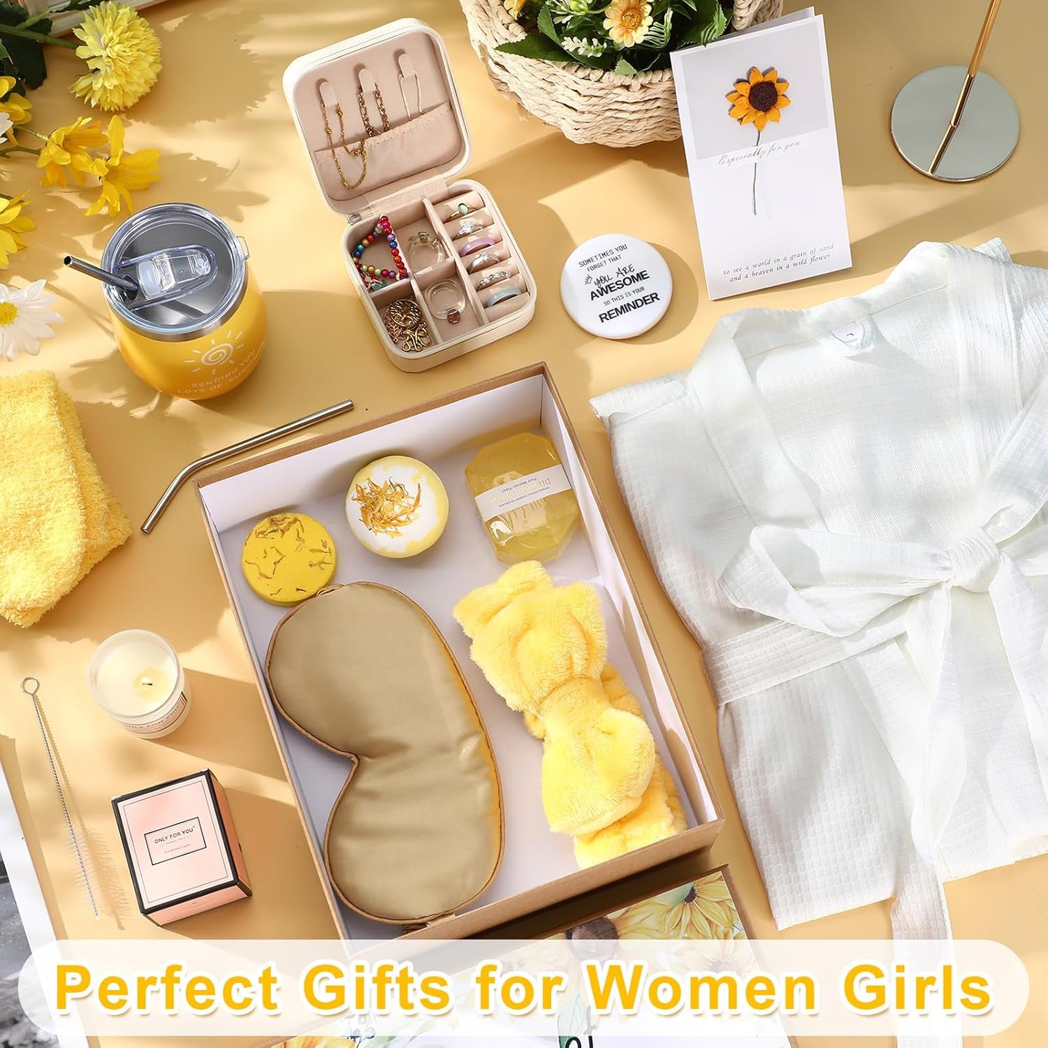 13 Pcs Christmas SPA Gifts for Women Birthday Gift SPA Gift Basket Set Gift Basket for Women Mirrors Socks Steamers Jewelry Case Bath Robe for Mom Girlfriend Wife(Yellow,Sunflower)