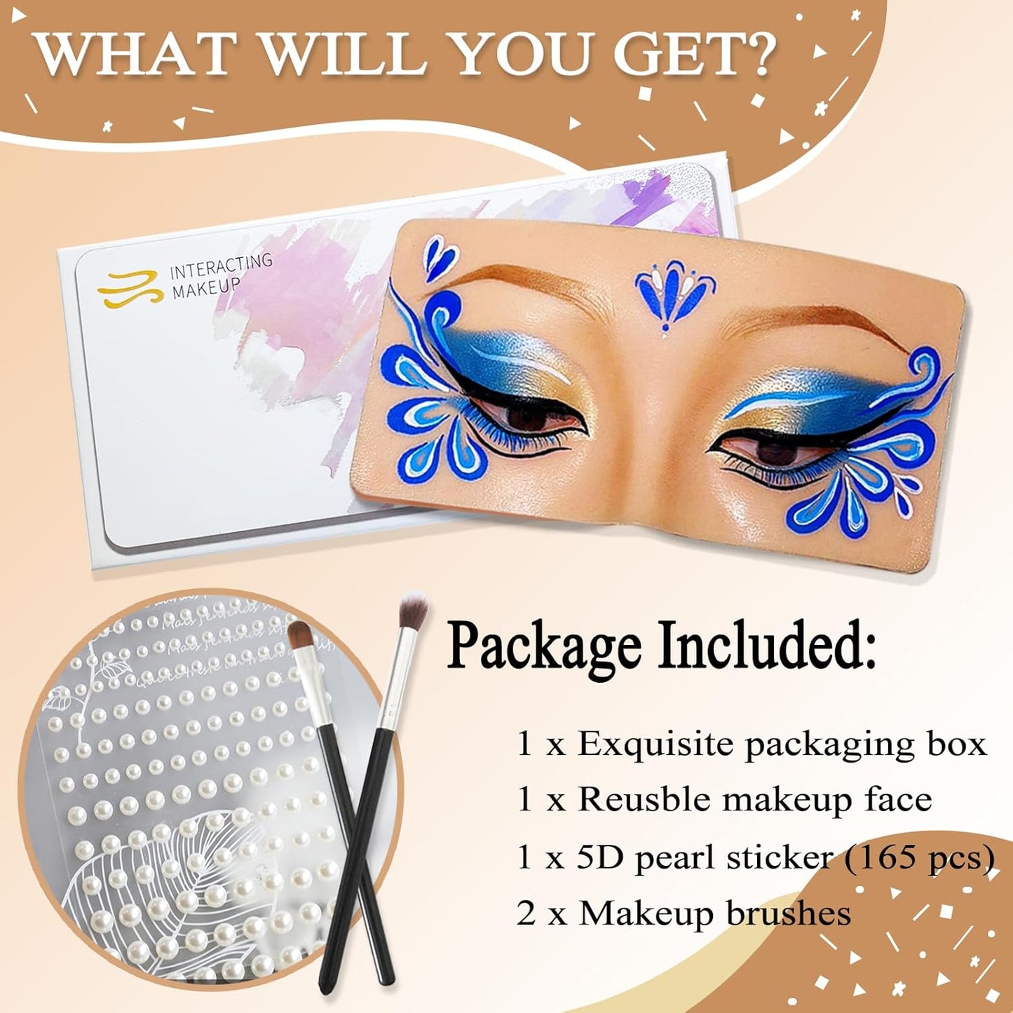 Makeup Practice Face, Silicone Makeup Practice Board, Makeup Mannequin Face with 165Pcs Pearl Stickers and Makeup Brushes, Suitable for Makeup Artists and Beginners to Practice Eye Face Makeup (Wheat)