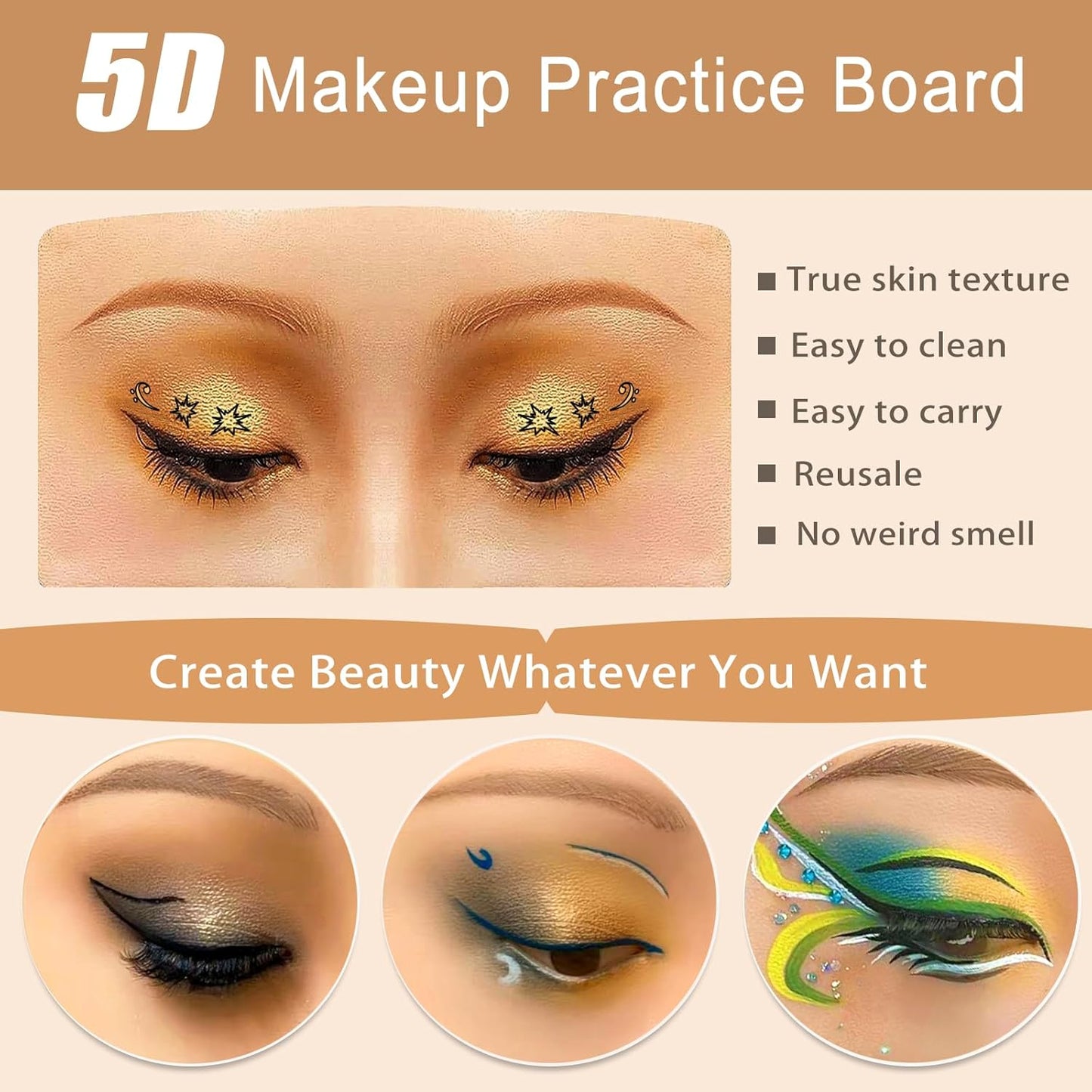 Makeup Practice Face, Silicone Makeup Practice Board, Makeup Mannequin Face with 165Pcs Pearl Stickers and Makeup Brushes, Suitable for Makeup Artists and Beginners to Practice Eye Face Makeup (Wheat)